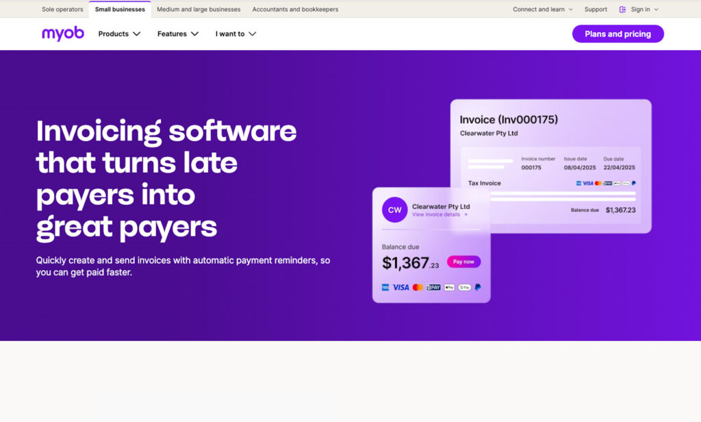 MYOB landing page showing invoicing software sample
