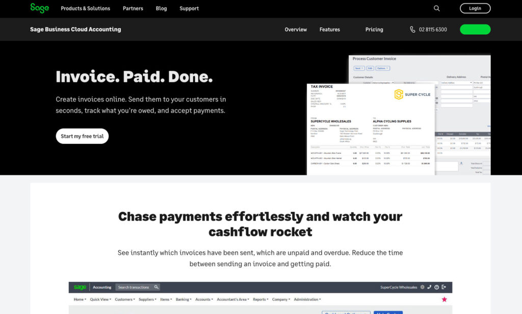 Sage dashboard showing invoicing sample