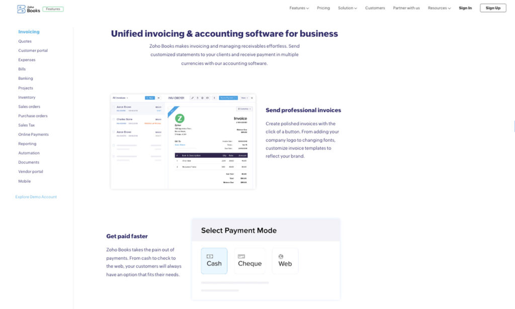 Zoho Books landing page showing unified professional invoicing for businesses