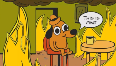 Cartoon dog sits in a burning room saying “This is fine,” often used in CPA jokes about audit stress.
