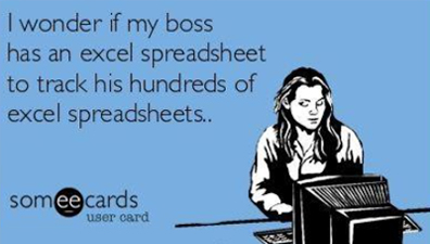 Someecard meme showing a retro woman asking if her boss has a spreadsheet to track his spreadsheets used in accountant jokes about Excel overload.