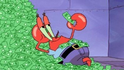 Mr. Krabs lying in a pile of money, smiling, used in funny accounting jokes about net income, profit obsession, or year-end bonuses.