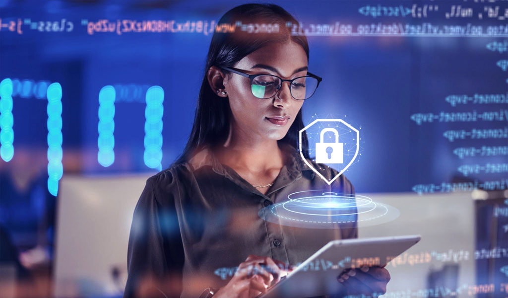 woman overlaid with cybersecurity code